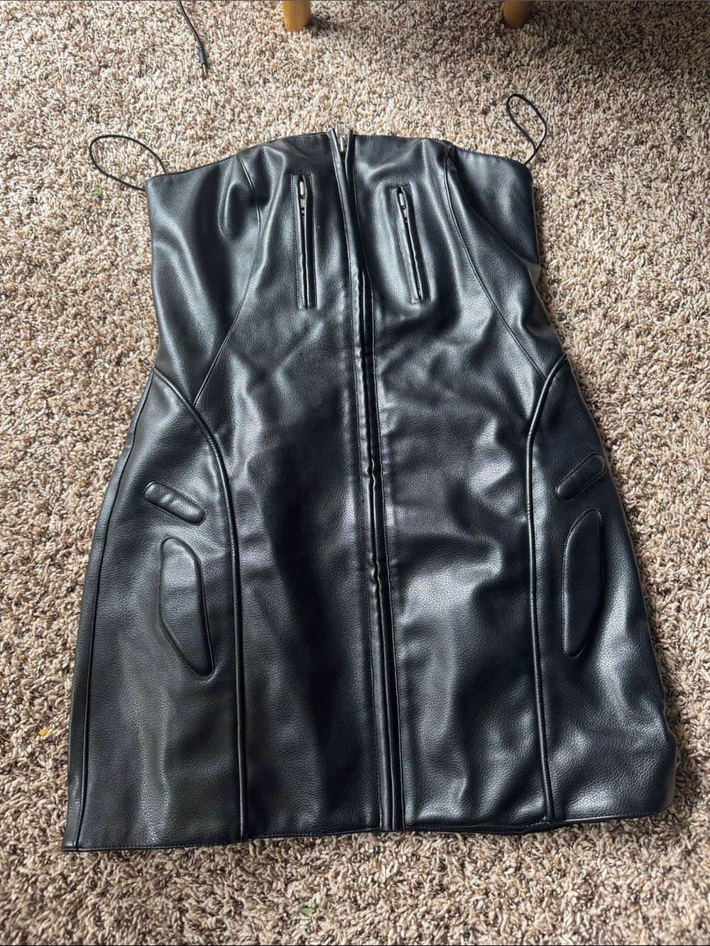 Black Faux Leather Mini Dress with Front Zipper